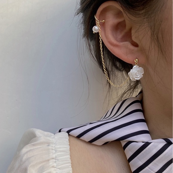 Sweet White Rose Earrings With Attached Ear Cuff - Picture 3 of 7